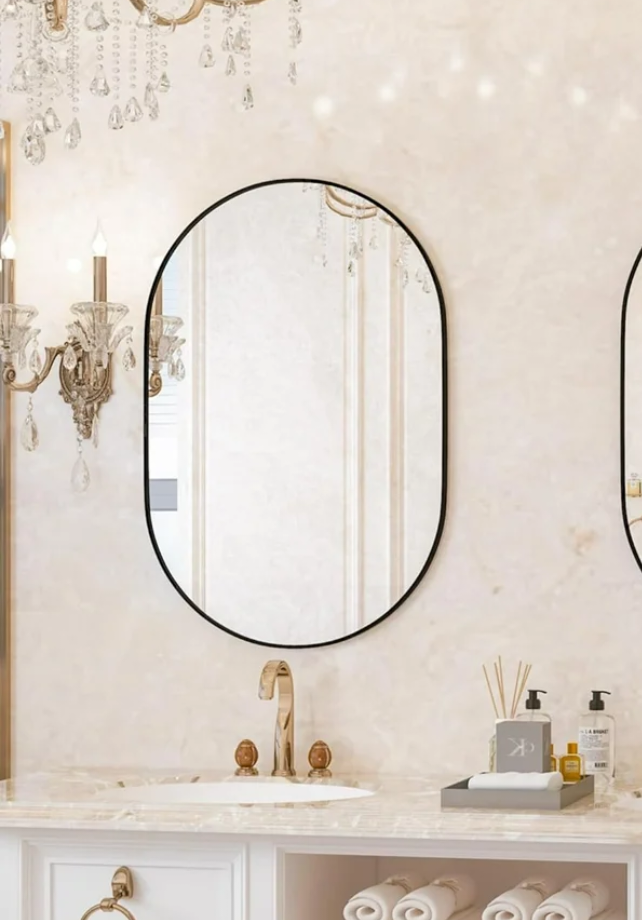 CONGUILIAO Balck Wall Mounted Mirror, 20" x 30" Oval Bathroom Mirror, Vanity Wall Mirror Aluminum Alloy Frame, Oval Mirror for Bathroom, Entryway, Living Room, Bedroom