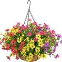 Artificial Flowers in Basket,Artificial Hanging Baskets with Flowers for Outdoor Indoor Courtyard Decor,12 inch Coconut Lining Basket for Patio Garden Porch Deck Decoration (Multi Color)
