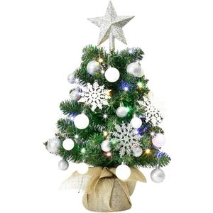HOYECHI 24" Mini Christmas Tree - Small Tabletop Artificial Xmas Tree with Lights, Star Treetop, Ornaments Balls, DIY Christmas Decorations - Green & White