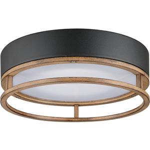 GLOBE Electric 44663 1-Light Integrated LED Outdoor/Indoor Flush Mount Ceiling Light, Matte Black and Faux Wood Finish, Frosted Diffuser, Weather Resistant, Modern Rustic Design