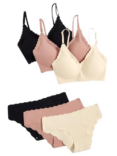 Verdusa Women's 6 Piece Scalloped Seamless No Show Bra and Panty Lingerie Sets Black/Pink/Beige X-Large
