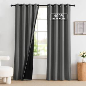 NICETOWN 100% Blackout Curtains 84 inch Long for Bedroom, Total Blackout Thermal Insulated Grommet Long Window Curtains 2 Panels Set, 2 Panels, Grey, 52 inch Wide