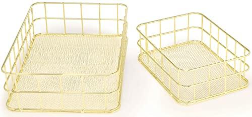 Set of 2 Nested Classic Gold Mesh Wire Basket Trays for Storage and Organizing (Medium: 9.6” X 6.4”; Small: 6.7" ×4.7")