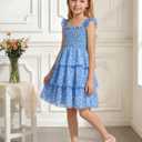 Cubear Girls Summer Floral Dress with Tiered Ruffle Skirt and Flutter Sleeves - Summer Smocked Sundress for Girls 9-13 Years (Blue)