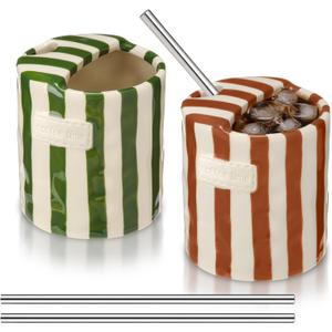 2 Pack Ceramic Coffee Mug with Sip Hole Espresso Cup 10oz with Straws Retro Hand Painted Striped Porcelain Coffee Tea Cup Cappuccino Latte Mug for Kitchen Dining Travel (Green,Brown)