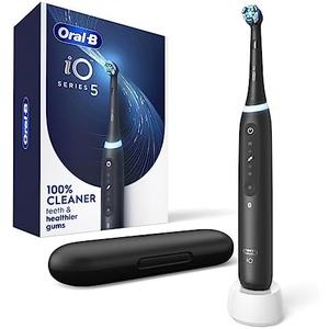 Oral-B iO Series 5 Rechargeable Electric Toothbrush with Visible Pressure Sensor to Protect Gums, 2 Minute Timer, 5 Cleaning Settings, 1 Replacement Toothbrush Heads, and Travel Case, Black
