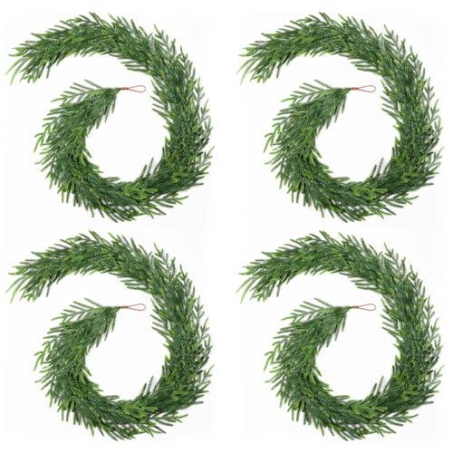 TOWPONICS 4Pcs Christmas Norfolk Pine Garland, 6FT Real Touch Faux Green Garlands, Winter Artificial Greenery Garland for Mantle, Table, Stairs, Fireplace, Indoor & Outdoor Xmas Decorations