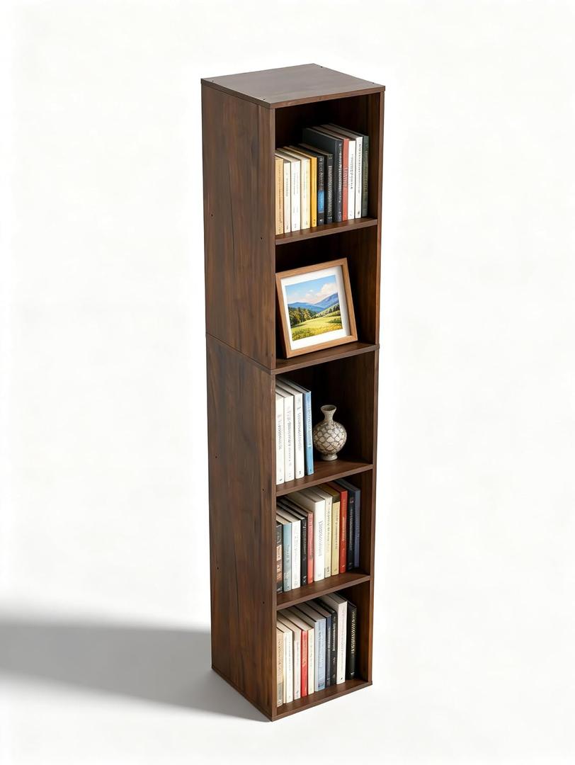5 Cube Storage Organizer, Narrow Open Shelf Bookcase, Freestanding 5 Tier Low Display Bookshelf for Home Office, Living Room, Bedroom, Dark Brown & Black Walnut
