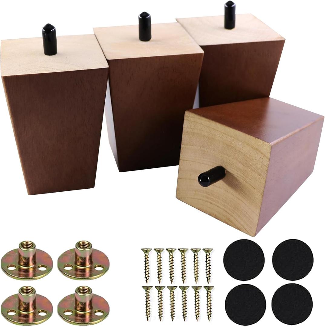 Santoy 4 Inch Solid Wood Furniture Legs Pack of 4  Brown Square Sofa Leg Mid-Century Modern Replacement Feet for Armchair, Recliner, Couch, Coffee Table, Cabinet, Chair and Dresser