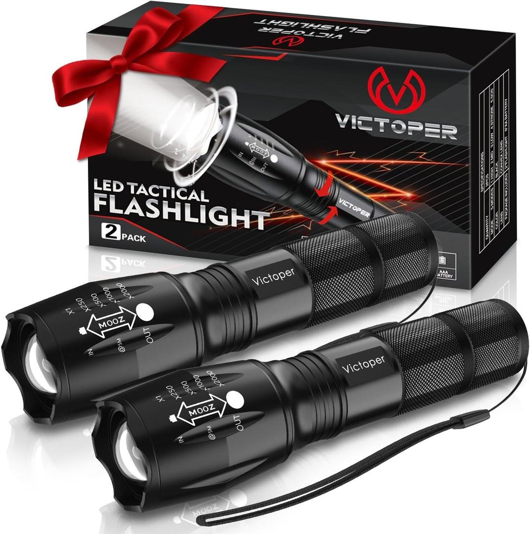 Victoper LED Flashlight 2 Pack, Bright Tactical Torch High Lumens with 5 Modes, Waterproof Zoomable Flash Light for Outdoor, Birthday Gifts for Men, Dorm Room Hiking Camping Essentials Gear for Guys (Black)