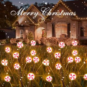 HUYIENO Christmas Decorations Outdoor Candy Lights, 4 Packs 32LEDs Solar Pathway Lights Swaying by Wind, 2 Modes Waterproof Solar Stake Lights for Christmas Garden Yard Porch Patio Pathway