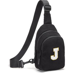 Viverte Small Corduroy Sling Bag Initial Crossbody Bag Fanny Pack for Girls Personalized Birthday Gifts for Teen Girls (Black-J)