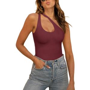 REORIA Butsmooth Women's Trendy Sexy Plunge One Shoulder Sleeveless V Backless Going Out Tank Bodysuits Tops (Large, Burgundy)