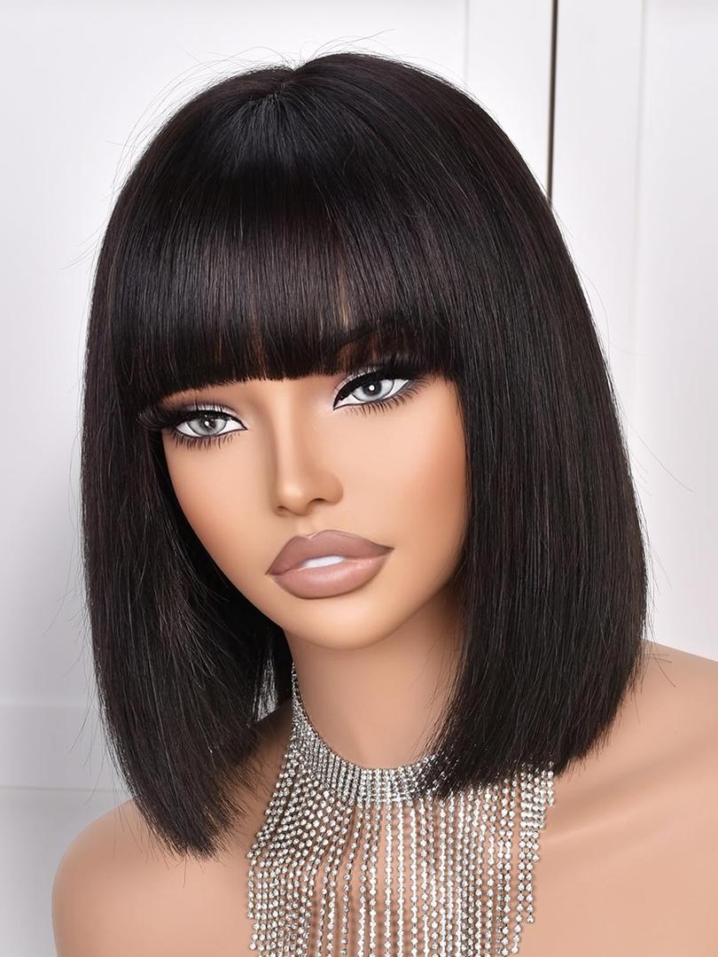 Bob Wig Human Hair 210% Density Bob Wig with Bangs 100% Human Hair Wigs for Black Women Pre-Bleached Glueless Straight Bob Wigs(10Inch,black bob wig)