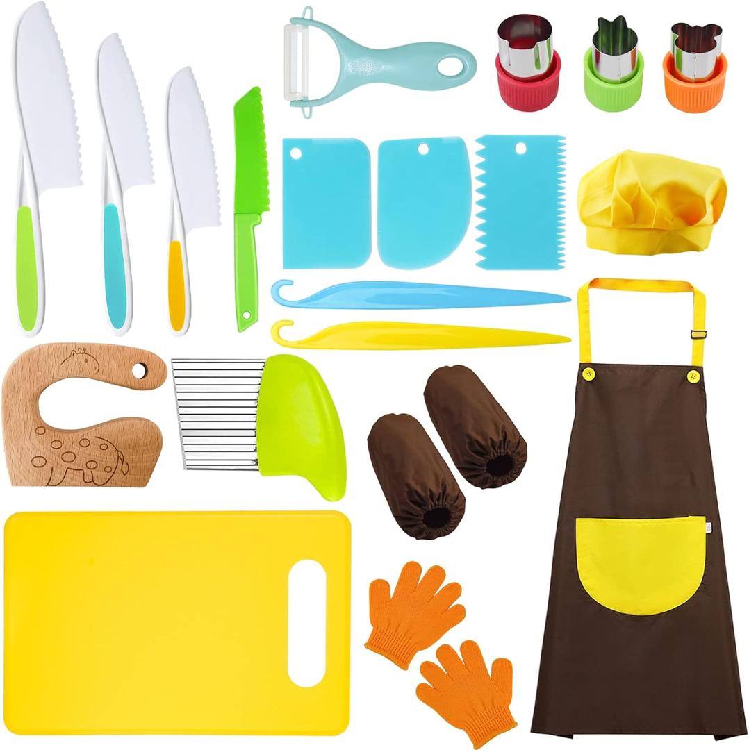 RISICULIS 21 Pieces Toddler Knife, Kids Knife Set Includes Wood Kids Safe Knifes, Plastic Toddler Knifes, Cutting Board, Apron, Chef Hat, Y Peeler, Crinkle Cutter, Cake Scraper