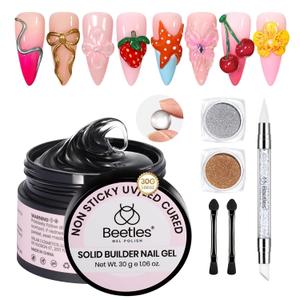 Beetles Solid Builder Nail Gel, 1.06 OZ Clear Hard Gel Non-Sticky Sculpting Gel, 3D Gel Nail Art Building Gel with Chrome Nail Powder, Nail Art Sculpture Pen Gift for Women