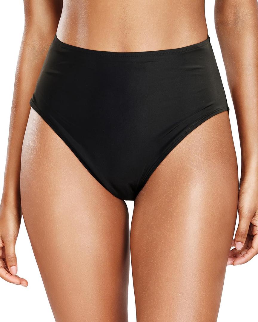 Tempt Me Womens High Cut High Waisted Bikini Bottoms Tummy Control Bathing Suit Bottoms Swim Bottom Swimsuit Bottom (XX-Large, Black)
