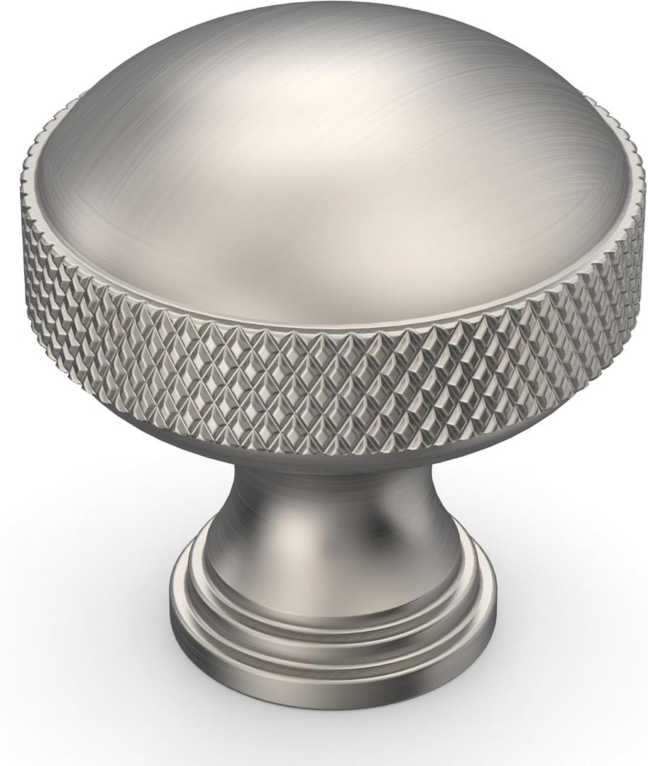 Amerdeco 10 Pack Brushed Satin Nickel knurled Cabinet Knobs Single Hole Cabinet Pulls 1.18 Inch (30MM) Diameter Round Drawer Knobs and Pulls for Bathroom Cabinets ZH0072
