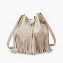 Leather Bucket Bags for Women Crossbody Fringe Purses with Drawstring Ladies Tassel Hobo and Shoulder Handbags Beige