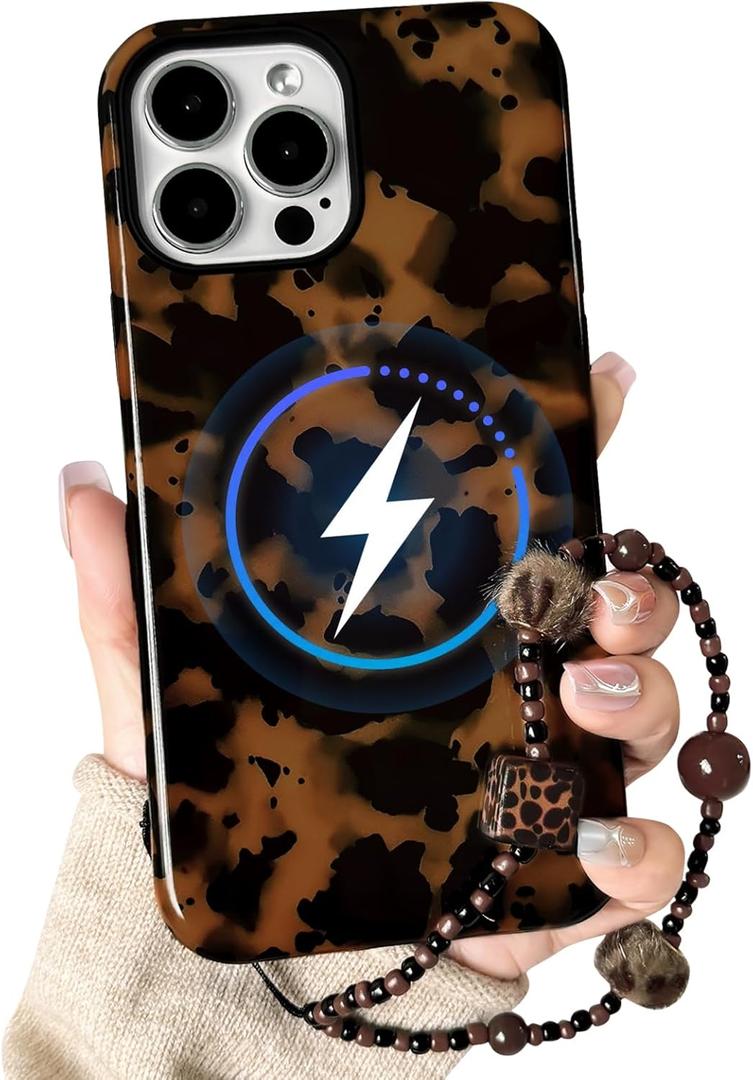 NITITOP Compatible with iPhone 14 Pro Max Case with Chain Lanyard Strap Magnetic Compatible with MagSafe Cute Leopard Amber Tortoise for Women Men Girls Soft TPU Shockproof Protective Cover - Black