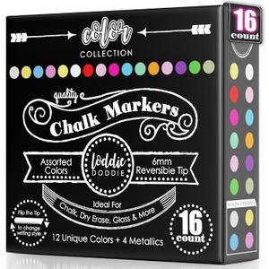 Loddie Doddie Chalk Markers - Pack of 16, 6mm Reversible Bullet & Chisel Tips - Non-Toxic Dust-Free Erasable Liquid Chalk Ink - Dry Erase Markers for Glass, Windows & Whiteboards