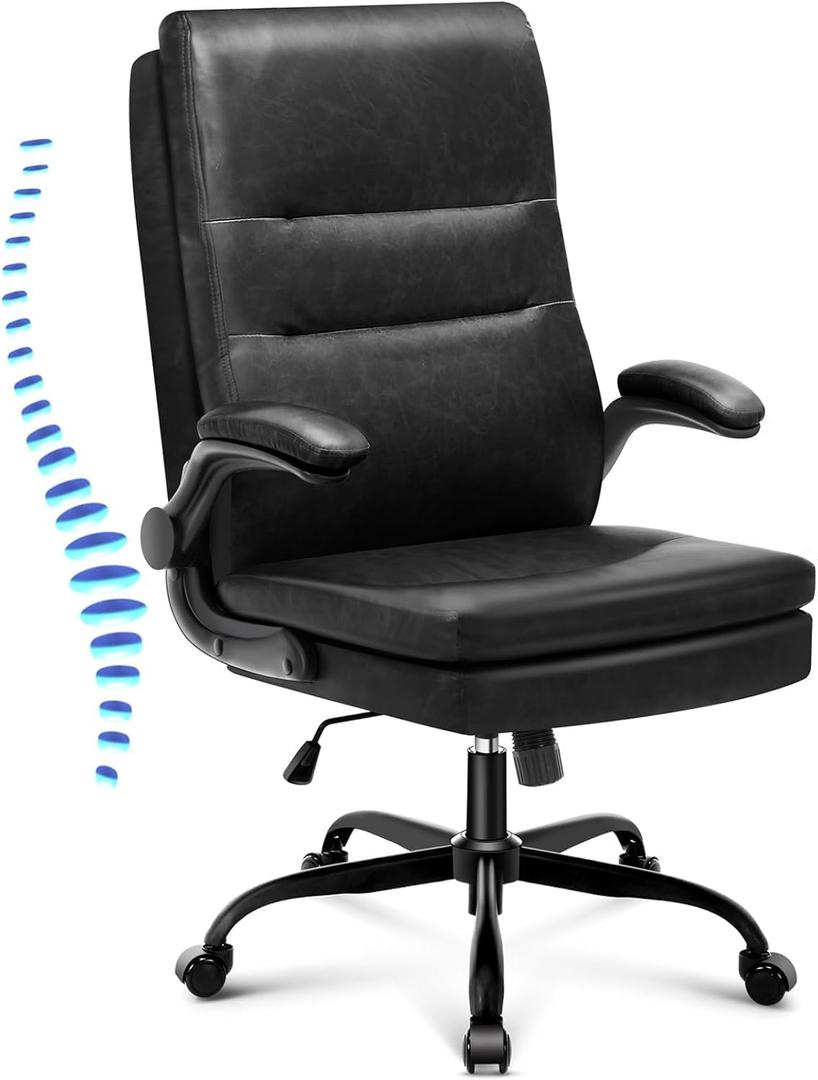Office Chair Big and Tall,Executive Vintage Leather Ergonomic Desk Chair,High Back Adjustable Computer Chair with Springs Cushion,Flip-up Arms,Lumbar Support,Rocking Function(Marbling Black)