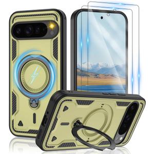 Gritup for Google Pixel 9 Pro XL Case：Compatible with MagSafe & [HD Screen Protector×2],Metal Rotated Kickstand,Military Grade Drop Proof Anti-Fingerprint Protective Pixel 9 Pro XL,Green