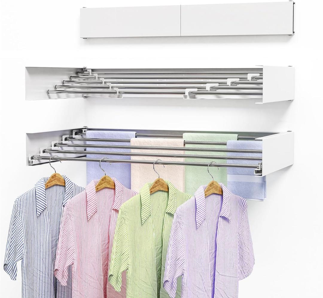 Wall Mounted Drying Rack 31.5 Inch, Laundry Clothes Drying Rack Foldable , Space Saving Collapsible Drying Rack Clothing Wall Mount with Wall Template, 5 Stainless Steel Rods, 60 lb Capacity (White)