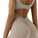 One Piece Workout Sets for Women Athletic Yoga Jumpsuits Shorts Backless Rompers (Large, Beige)