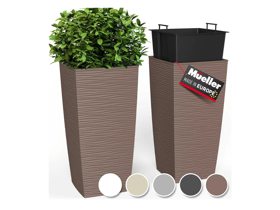 Mueller M-Resin Heavy Duty Tall Planters for Outdoor Plants, Indoor Grande Plant Pots, Boxes, Trees, Flower Pots, 2-Piece Set, 24”, Modern Design, Built-in Drainage, Front Porch Decor, Mocha