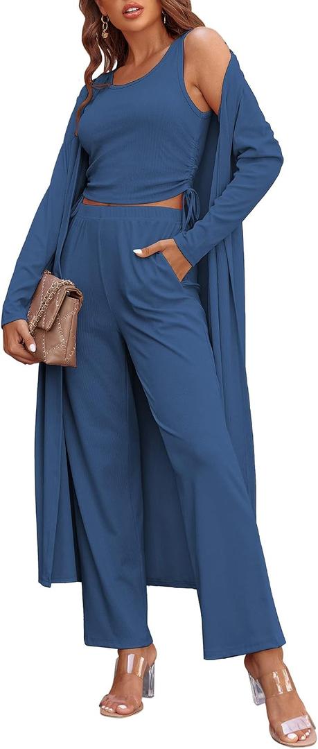 Ekouaer Women's 3 Piece Knit Lounge Set Pajama Long Sleeve Cardigan Sleeveless Top Pants SweatsuitCadet BlueXX-Large