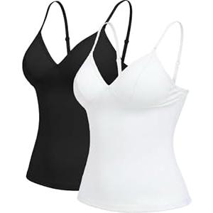 Women's Slim Fit V-Neck Light Tummy Control Camisole Adjustable Spaghetti Strap Built-in Bra Tank Compression Top, Size M 