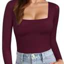 MANGOPOP Womens Square Neck T Shirts Long Sleeve Short Sleeve Tops Fitted Tees.Large