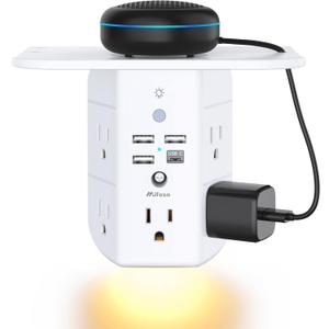 Wall Outlet Extender with Shelf and Night Light, Surge Protector, Wall Mount Charger Multi Plug Expander with 5 AC Outlets and 3 USB A Ports 1 USB C, Wide Space 3-Sided Power Strip Multi Plug Outlets