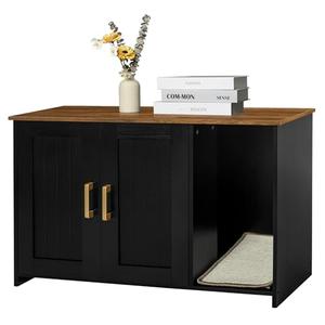 Dwanton Litter Box Enclosure, Cat Litter Box Furniture Hidden, with Scratching Mat, Wooden Cat Washroom Indoor, Fit Most of Litter Box, 31.5" L x 19.7" W x 21.7" H, Black+Warm Brown