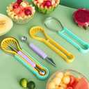 2025 Upgraded 3-in-1 Stainless Steel Fruit Carving Tool Set, Watermelon Fork Slicer Ice Cream Watermelon Spoon Cutting Knife (Blue+Green)