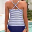 Yonique Tankini Swimsuits for Women Tummy Control Bathing Suits Two Piece Tankini Tops with Bikini Bottoms Plus Size Swimwear Blue and White Stripe 24W
