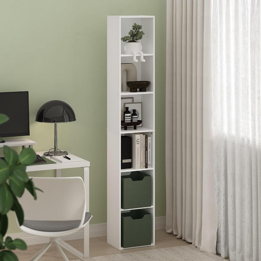 Furinno PASIR Book Shelf, 6-Tier Bookcase, Tall Standing Bookshelf, Open Storage Shelf, 9.4 x 12 x 71 Inches, for Home Office, Living Room, Plain White