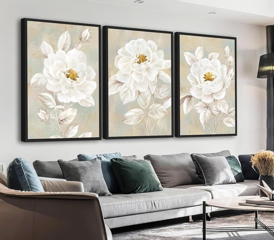 ASDCEUTICALS Large Canvas Wall Art - Beige Bloomy Flower Wall Decor, Vintage Floral Paintings, Aesthetic Botanical Pictures for Living Room Bedroom Office Bathroom Framed Artwork 24" X 36" X 3 Pcs