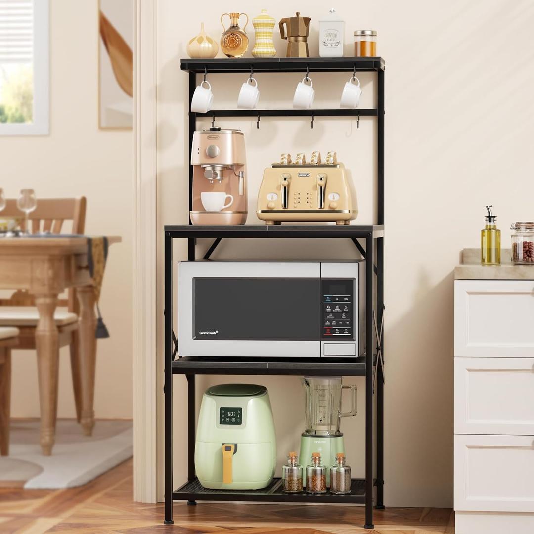 Korfile Kitchen Bakers Rack with Storage Shelves, Small Coffee Bar Cart with 8 Hooks, 4 Tiers Microwave Stand Station with Adjustable Shelves, Freestanding Kitchen Appliance Organizer, Black Oak