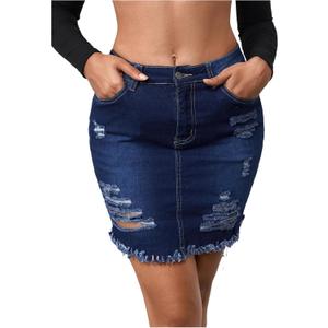 WDIRARA Women's Ripped Raw Hem Bodycon Denim Skirt High Waisted Mini Jean Skirts (Blue, L)