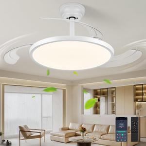 42" Retractable Ceiling Fan with Lights, Slim Fandelier Ceiling Fans with Lights and Remote, Dimmable 6 Speed Silent Modern Ceiling Fan with Light for Bedroom Living Room Kitchen-White
