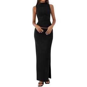 BTFBM Womens Maxi Skirt Set Going Out Dress (Black, Medium)