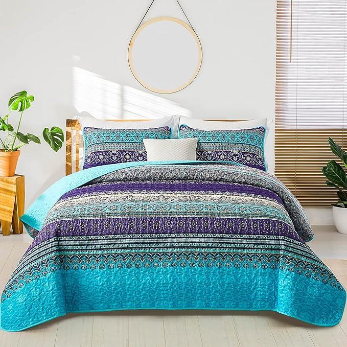WONGS BEDDING Boho Quilt Full Size, Purple Blue Bohemian Lightweight Microfiber Bed Decor Bedspread for All Season 90"x78"(3 Pieces)