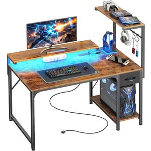 PRAISUN 39.4 Inch Gaming Desk with LED Lights & Power Outlets