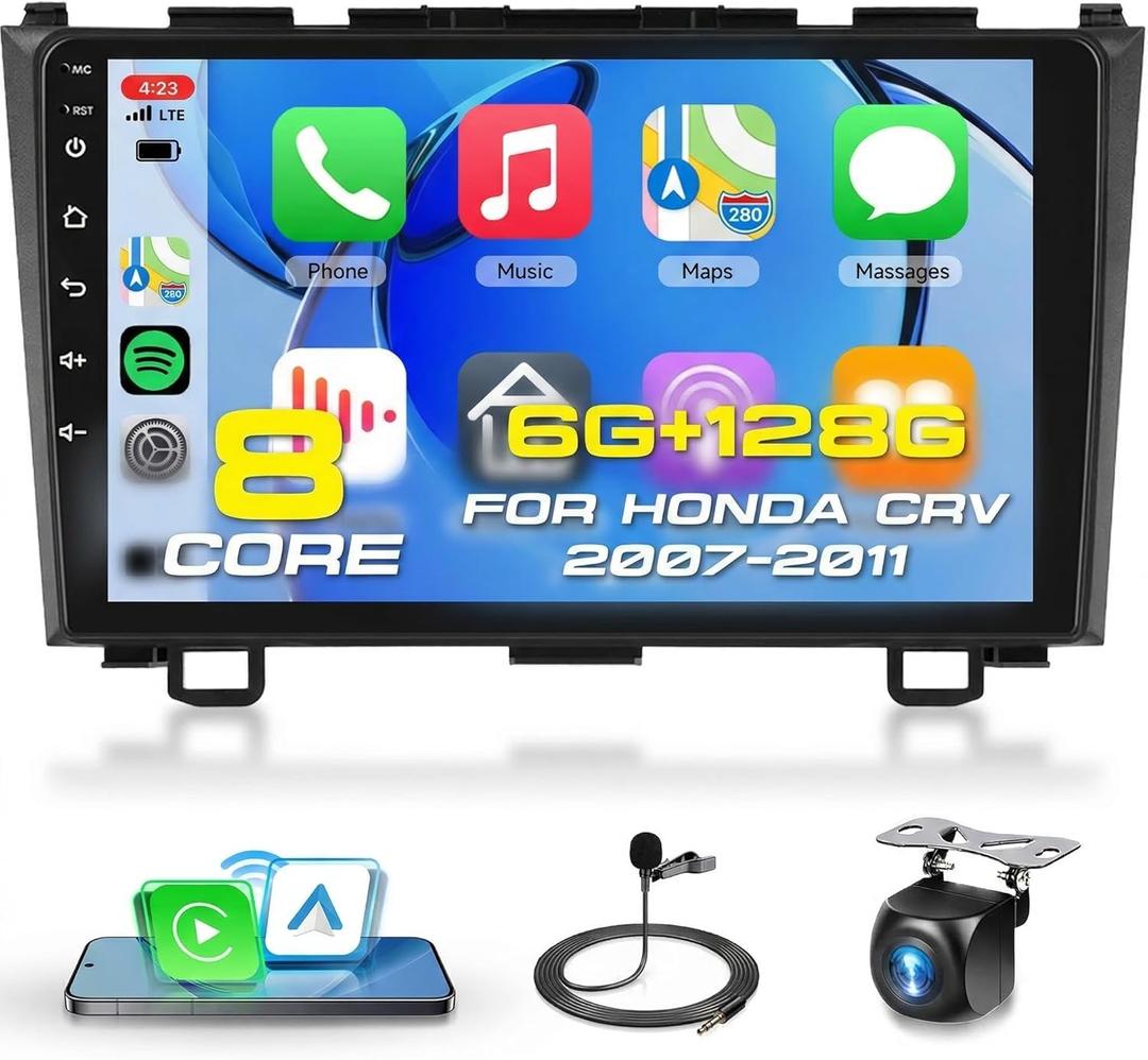 8 CORE 6G+128G Car Radio Stereo for Honda CRV 2007-2011 with Wireless CarPlay Android Auto, 9 Inch IPS Touch Screen Android 13 GPS WiFi 32-Band DSP Bluetooth SWC AHD Backup Camera