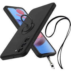 Designed Samsung Galaxy S22 5G Case, Silicone with 360Ring Kickstand Holder Lanyard Soft Silk Microfiber Cloth Fully Cover Women Men Protective Shell -7(Black, S22)