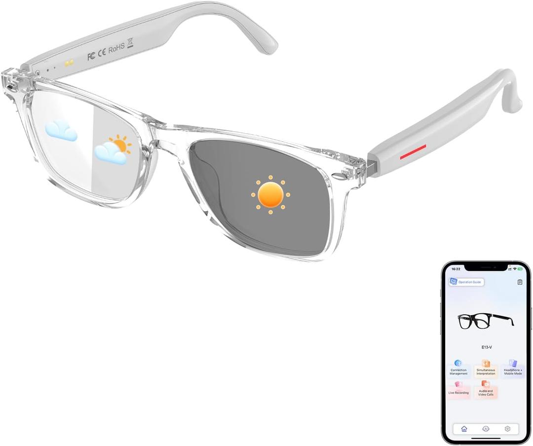 Smart AI Translation Glasses, Support 160+ Languages Real-Time Translation/Live Recording, AI Voice & Video Call, Auto-On/Off Translator Glasses, Noise Reduction, AI Glasses for Men & Women (Clear) (Clear Frame - White Temples)