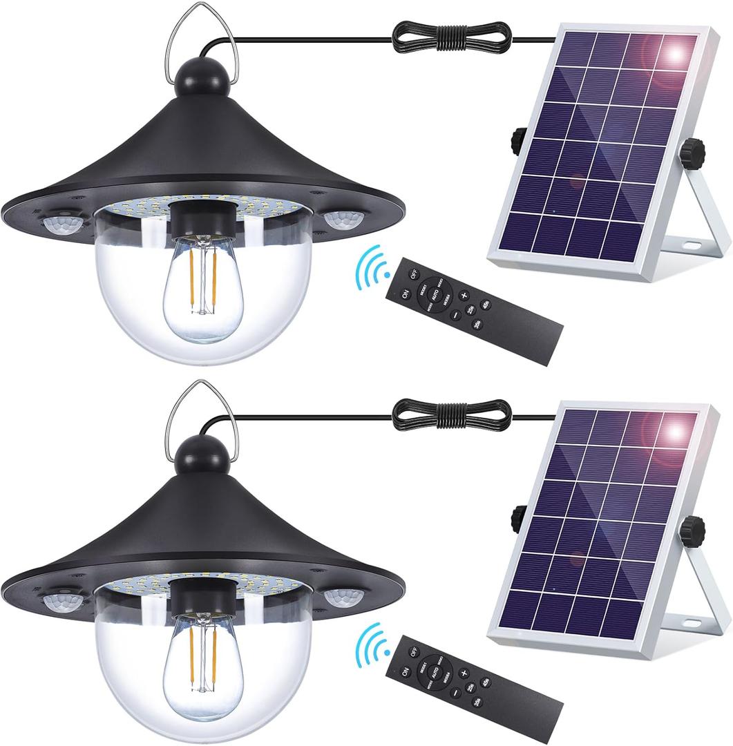 ropelux Solar Shed Indoor Outdoor Lights with 3000LM 5 Modes 3 Color Temperatures, Waterproof Solar Powered Motion Sensor Pendant Light with Remote for Barn Gazebo, 2 Pack