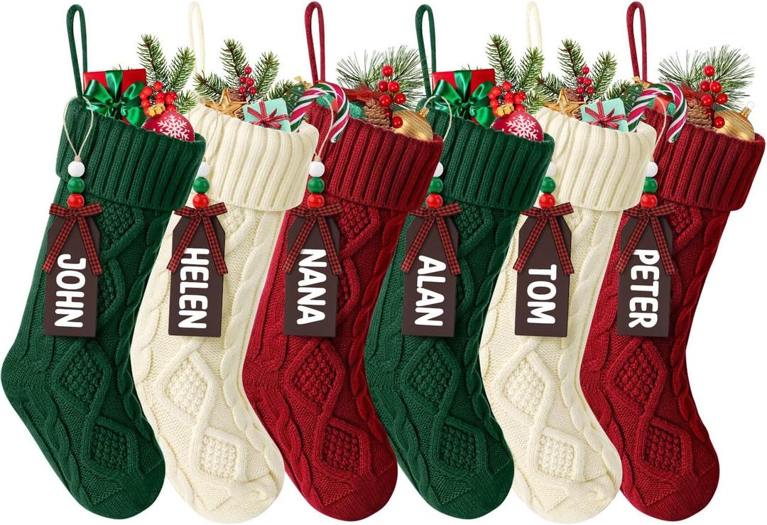 Hommtina Christmas Stockings, Personalized Christmas Stockings 18 Inches Large Size Cable Knitted Stocking Gifts (6pcs White & red & Green)